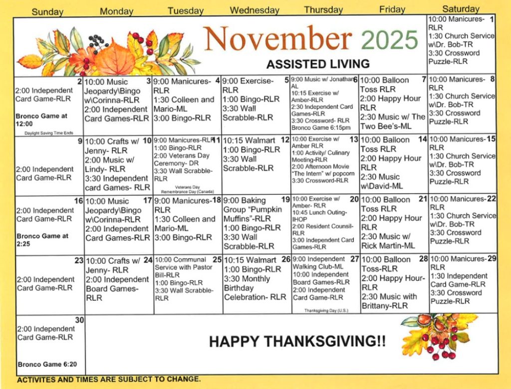 November 2025 Assisted Living Activities Calendar