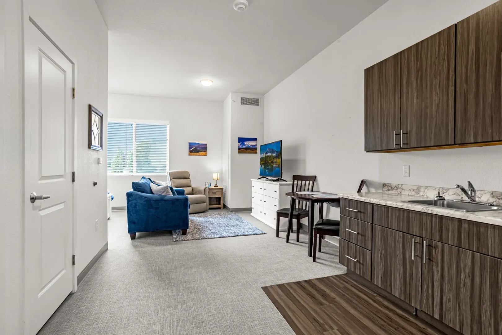 Furnished photo of studio apartment at Greeley Village assisted living.