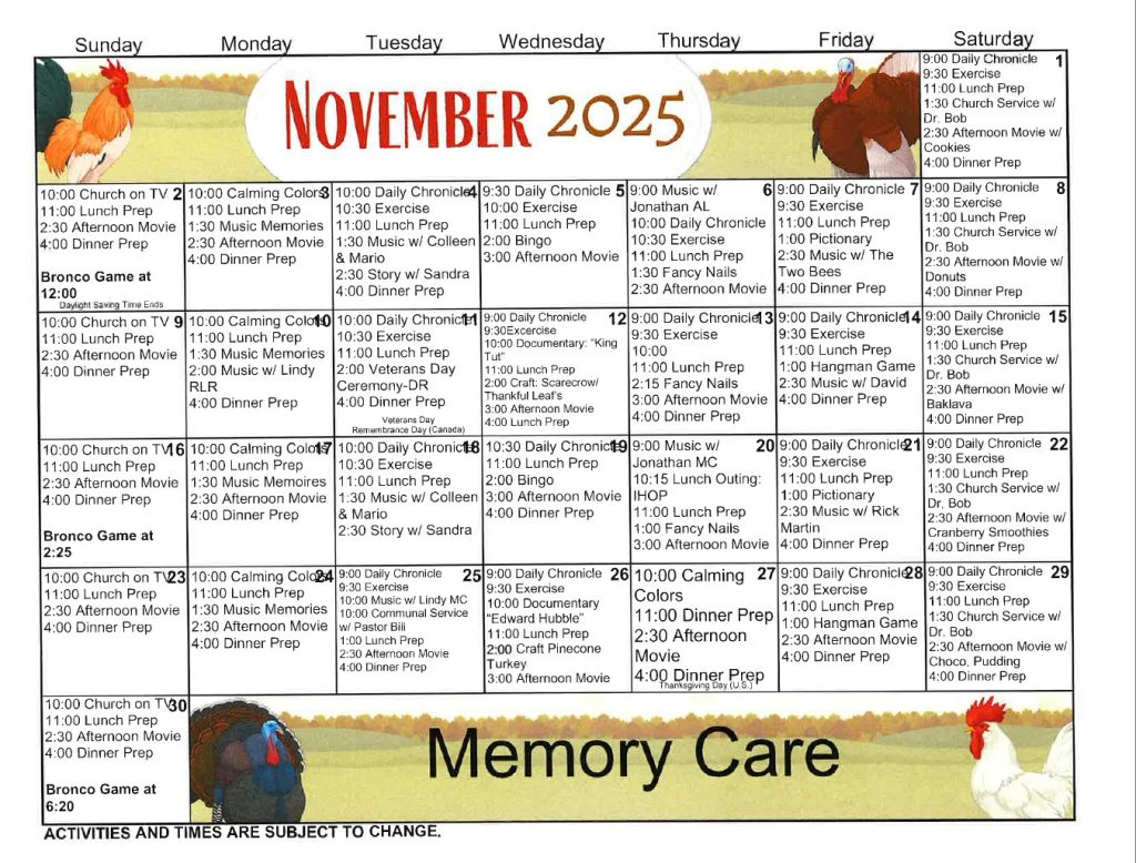 Events Calendar for Memory Care - November 2025