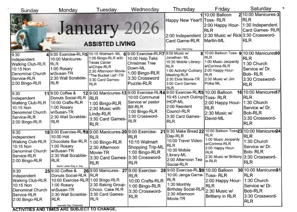 Assisted Living Activities for January 2026
