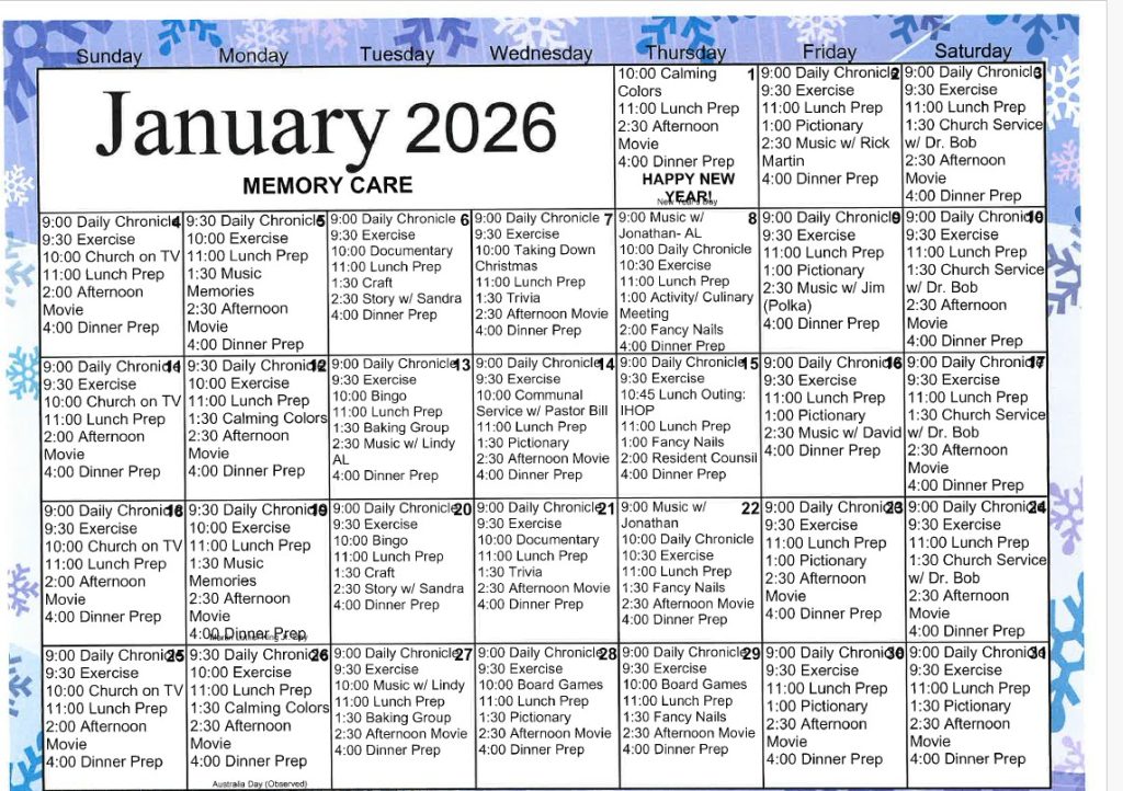 Memory Care Activities for January 2026