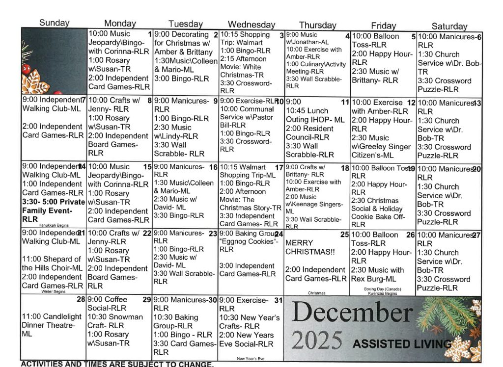 December Assisted Living Activities